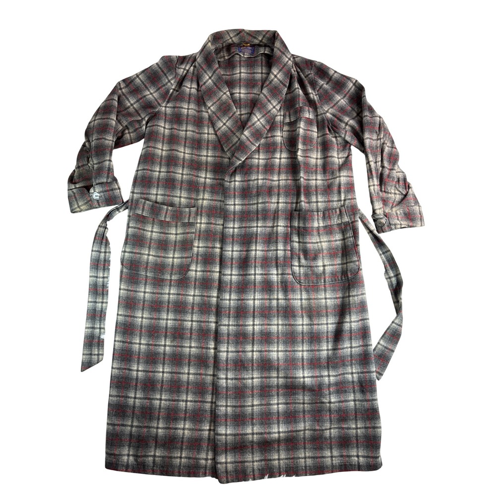 Vintage 1950s Pendleton Wool Robe Gray Red Plaid Shawl Collar Belted Mens Large